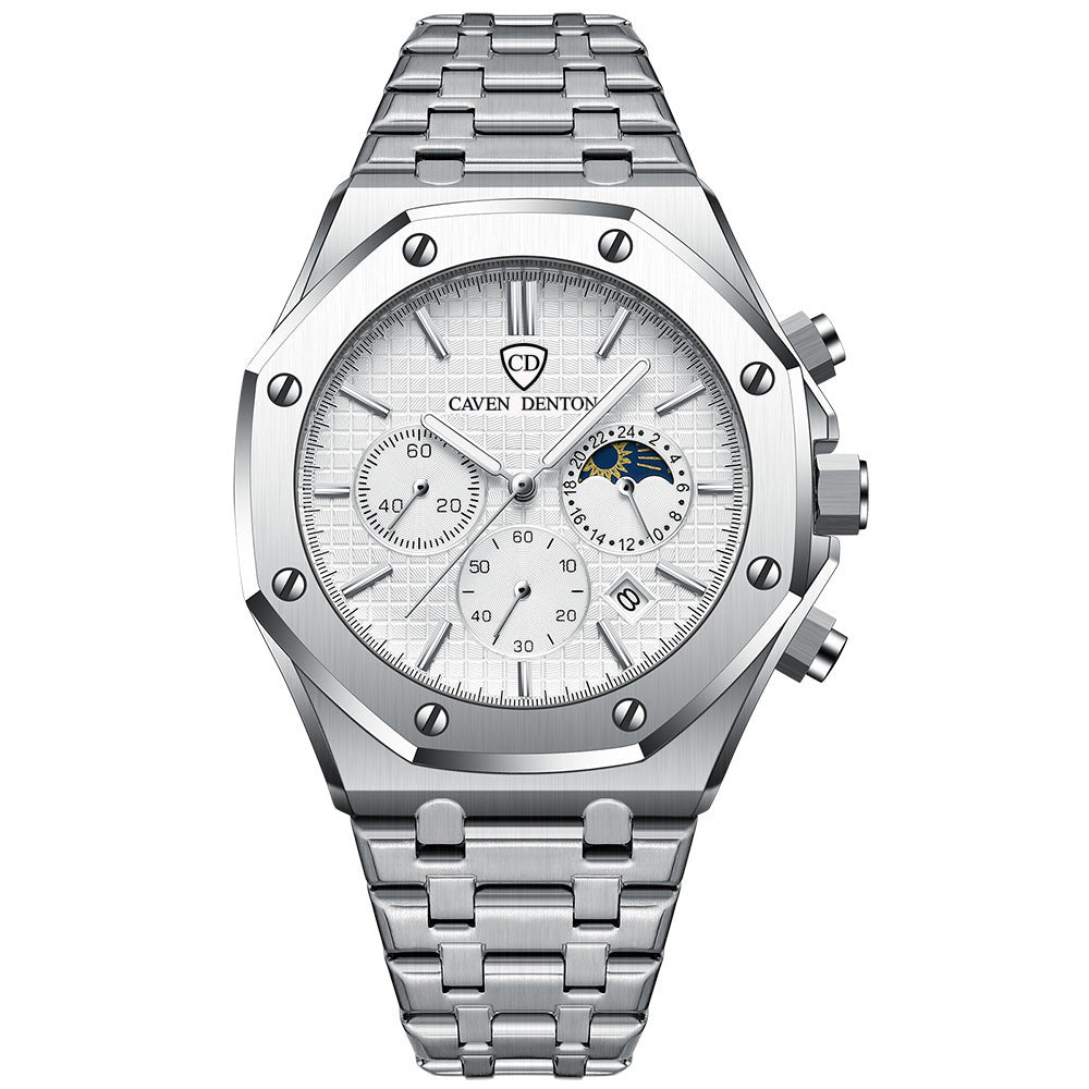 Waterproof High-grade Three Eyes And Six Needles Multi-functional Moon Phase Men's Steel Strap Watch Nak Health and Beauty
