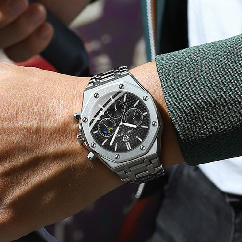 Waterproof High-grade Three Eyes And Six Needles Multi-functional Moon Phase Men's Steel Strap Watch Nak Health and Beauty