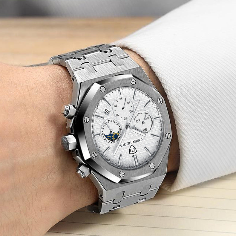 Waterproof High-grade Three Eyes And Six Needles Multi-functional Moon Phase Men's Steel Strap Watch Nak Health and Beauty