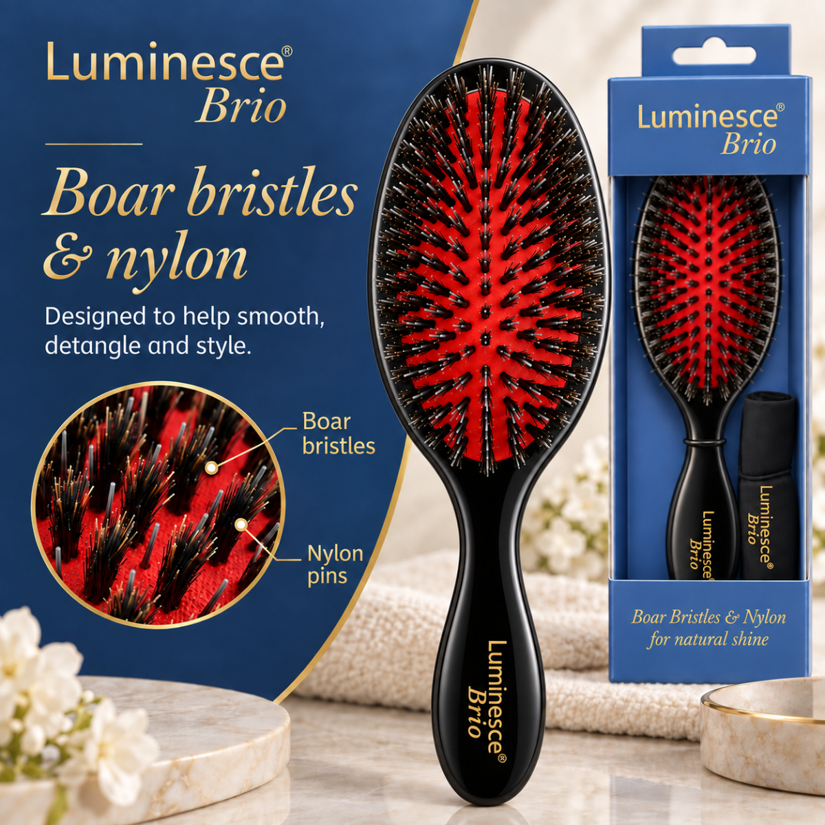 Luminesce Brio Boar Bristles & Nylon Brush Black Nak Health and Beauty