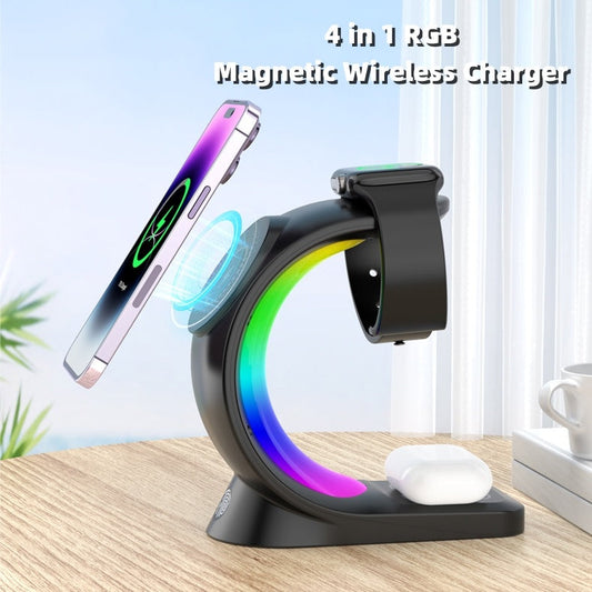 4 In 1 Magnetic Wireless Charger Fast Charging For Smart Phone Atmosphere Light Charging Station For Airpods Pro I-phone Watch Nak Health and Beauty