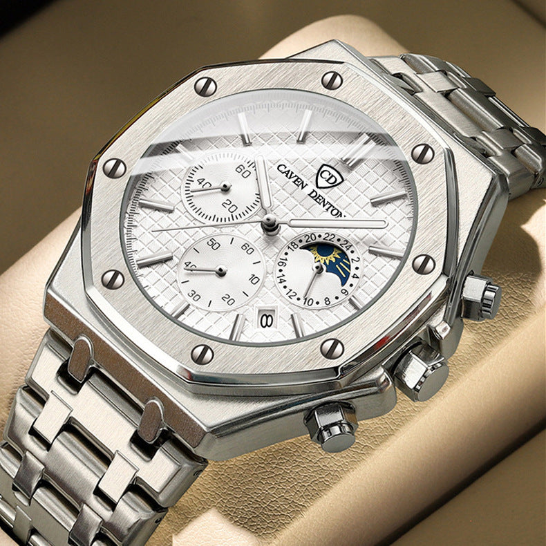 Waterproof High-grade Three Eyes And Six Needles Multi-functional Moon Phase Men's Steel Strap Watch Nak Health and Beauty