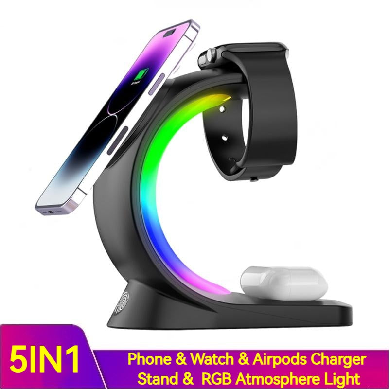4 In 1 Magnetic Wireless Charger Fast Charging For Smart Phone Atmosphere Light Charging Station For Airpods Pro I-phone Watch Nak Health and Beauty