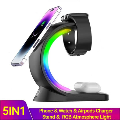 4 In 1 Magnetic Wireless Charger Fast Charging For Smart Phone Atmosphere Light Charging Station For Airpods Pro I-phone Watch Nak Health and Beauty