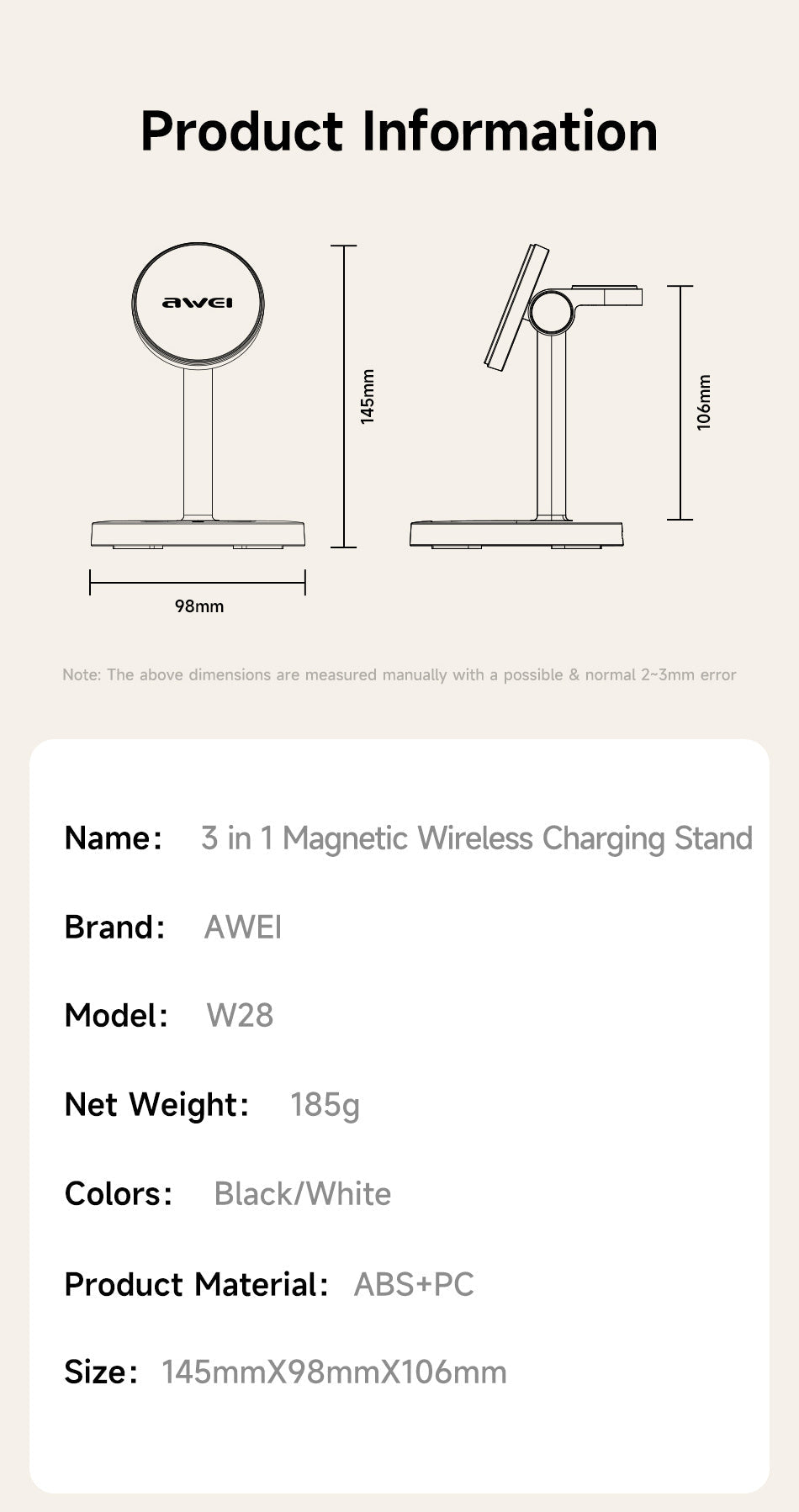 AWEI 3-in-1 Multi-function Wireless Charger Nak Health and Beauty