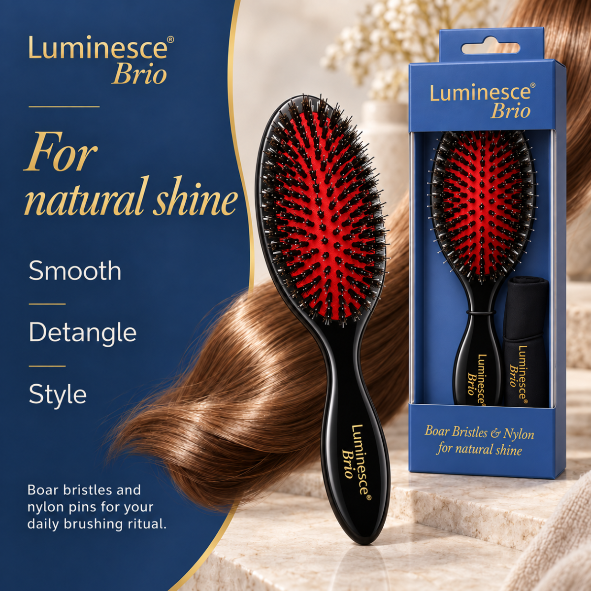 Luminesce Brio Boar Bristles & Nylon Brush Black Nak Health and Beauty