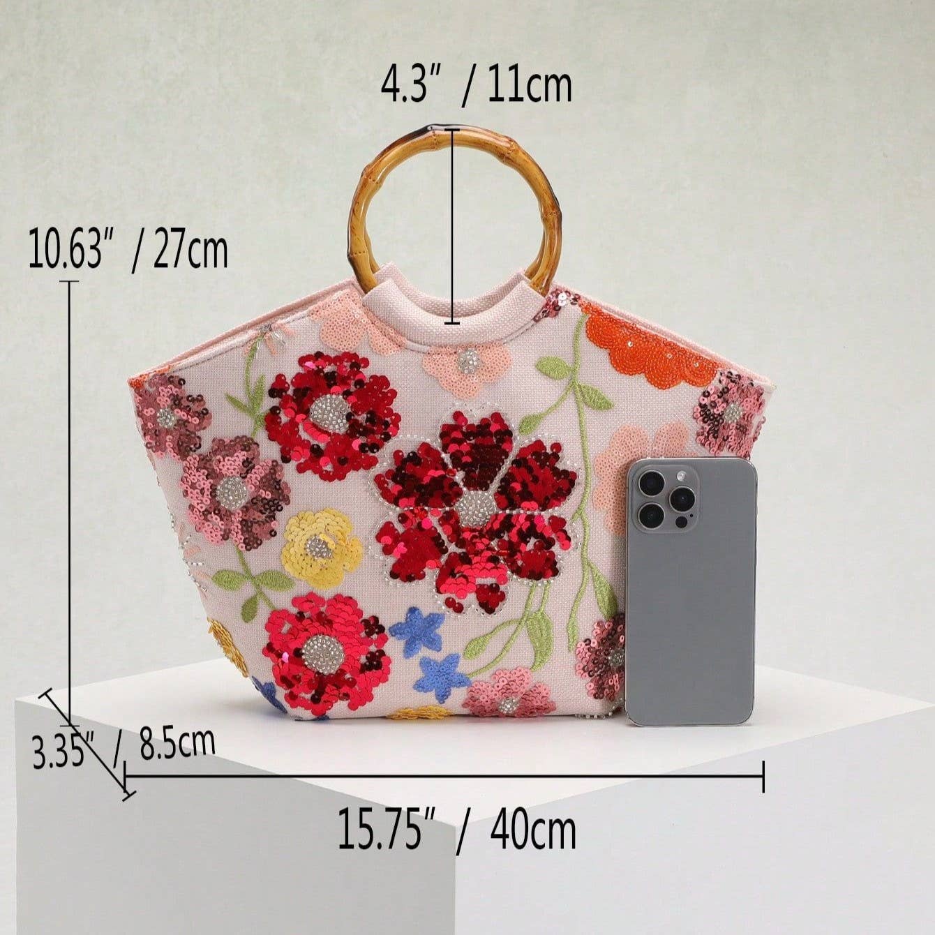 Sequins Flowers Handbag with Bamboo Handle Nak Health and Beauty