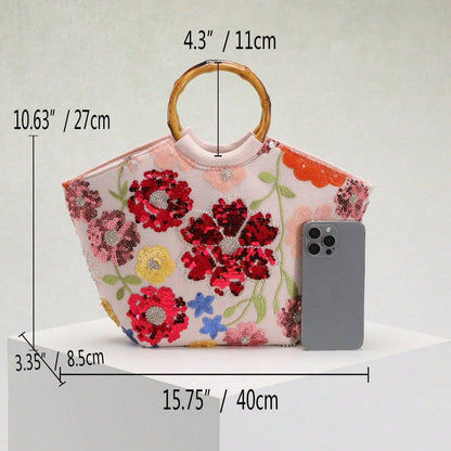 Sequins Flowers Handbag with Bamboo Handle Nak Health and Beauty