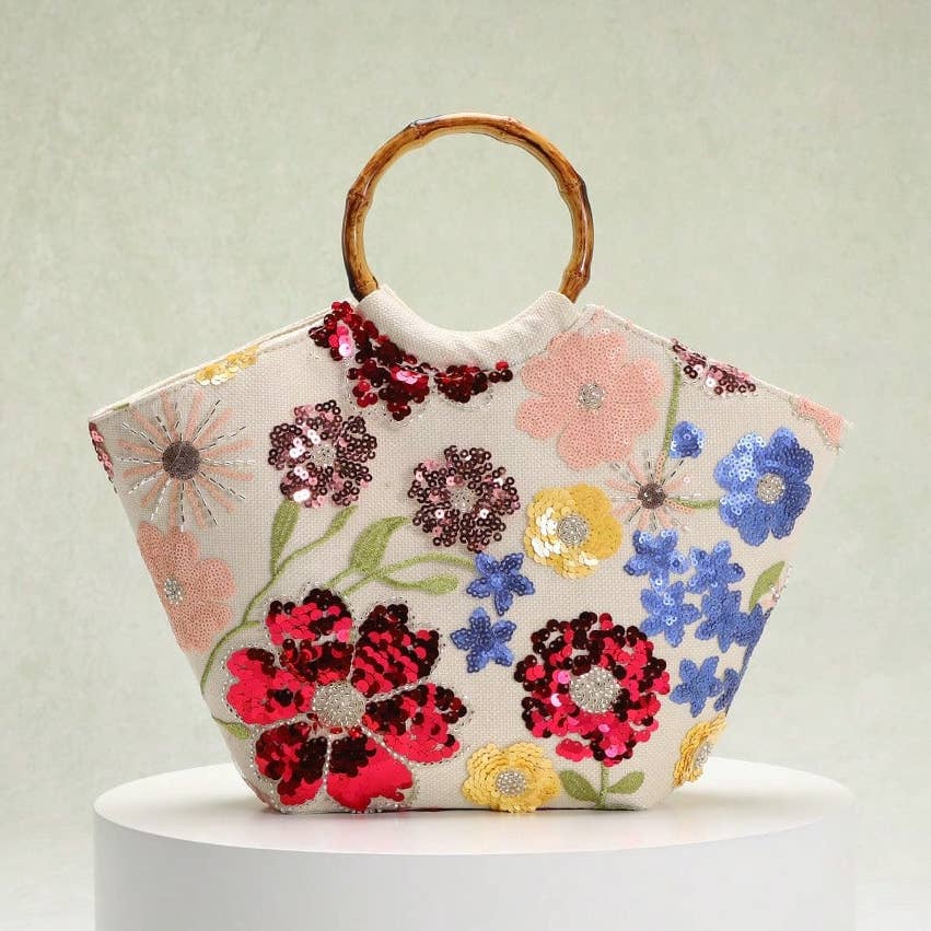 Sequins Flowers Handbag with Bamboo Handle Nak Health and Beauty