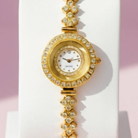 Crystal Bezel Round Face Link Watch Gold Nak Health and Beauty
