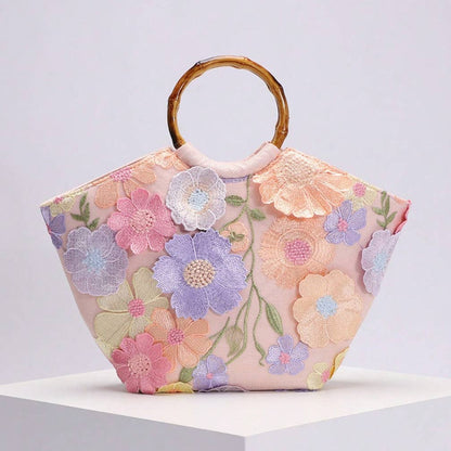 New

3D Flowers Pastel Handbag with Bamboo Handle Nak Health and Beauty