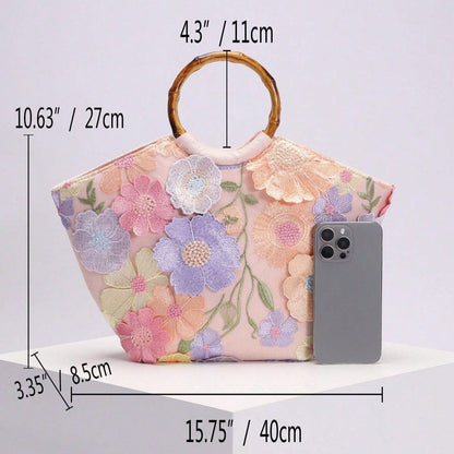 New

3D Flowers Pastel Handbag with Bamboo Handle Nak Health and Beauty