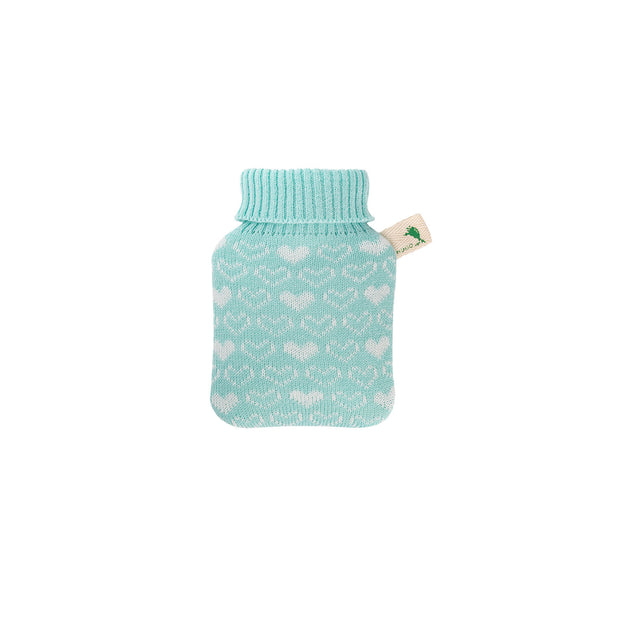 Mini hot water bottle 0.2 litre with knitted cover mint hearts