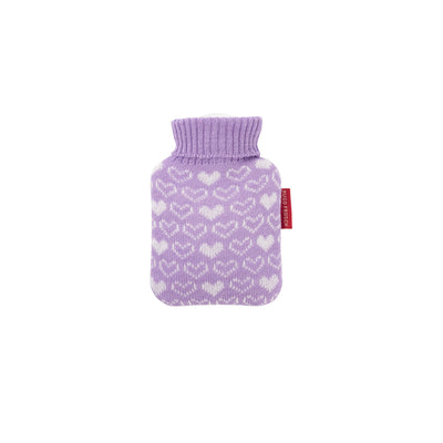 Mini hot-water bottle 0.2 litre with knit cover purple hearts